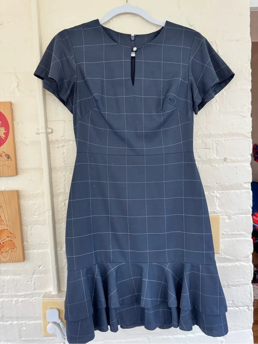 Banana Republic Navy Windowpane Midi Dress with Ruffle Hem - Picture 1 of 2